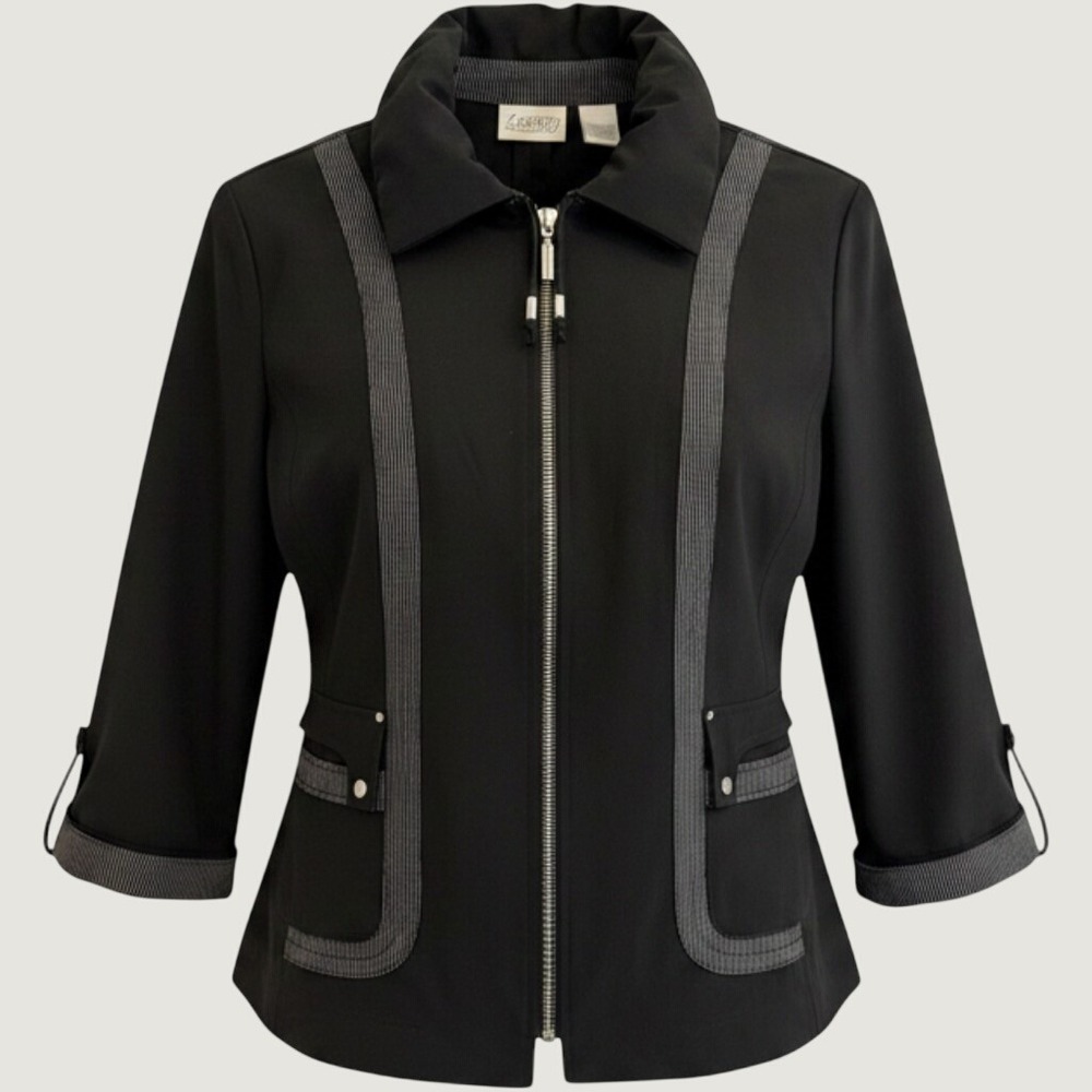 Zenergy by Chicos Zip Jacket Womens 2 Black Pinstripe Trim Ruffle Collar